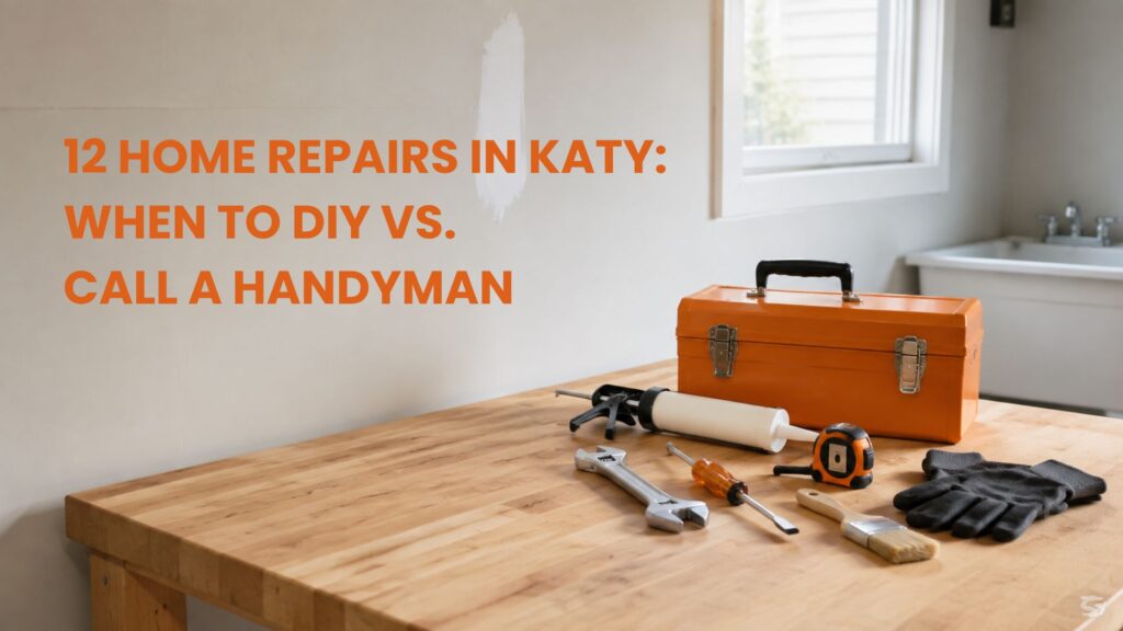 A wooden workbench with an orange toolbox and hand tools next to a freshly patched drywall patch, representing essential home repairs, handyman services by Fixinow.