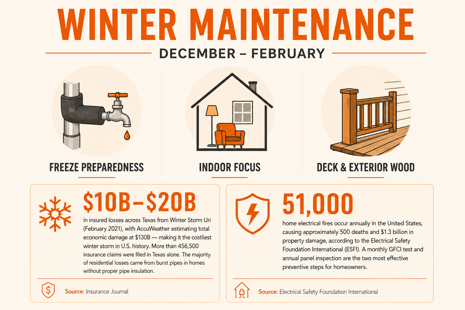 Three-part checklist illustrating winter home maintenance tasks from December to February, by Fixinow.